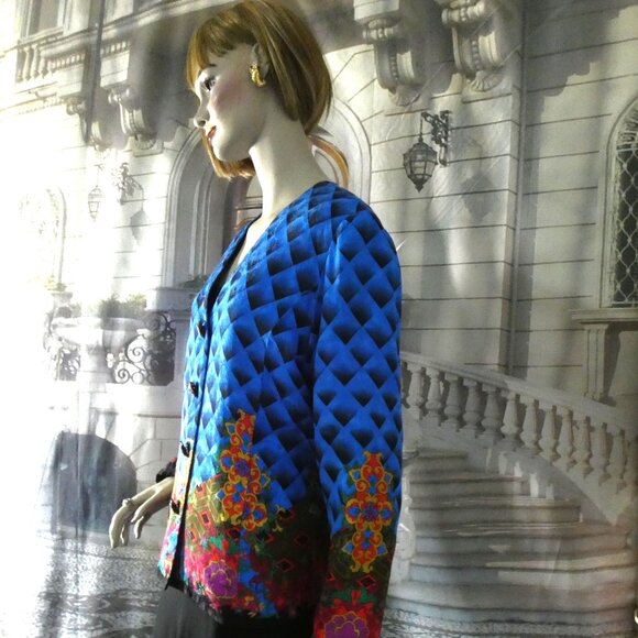 Anne Crimmins Silk Blazer Jacket Silk Lined Sz 16 Blue with Rainbow Color Design - Picture 4 of 9